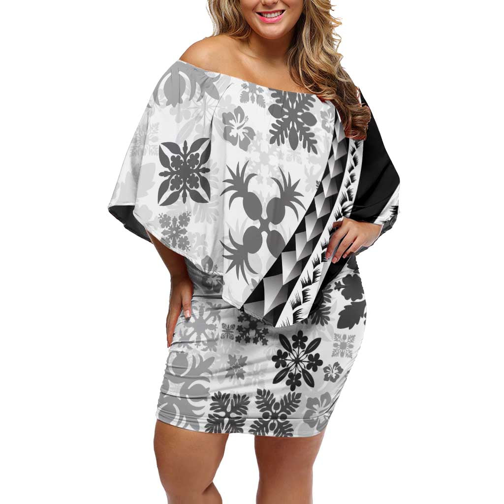 Black Hawaiian Quilt Pattern Family Matching Off Shoulder Short Dress and Hawaiian Shirt Mixed Polynesian Tribal Arty LT9 Mom's Dress Black - Polynesian Pride