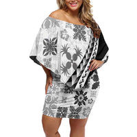 Black Hawaiian Quilt Pattern Family Matching Off Shoulder Short Dress and Hawaiian Shirt Mixed Polynesian Tribal Arty LT9 Mom's Dress Black - Polynesian Pride