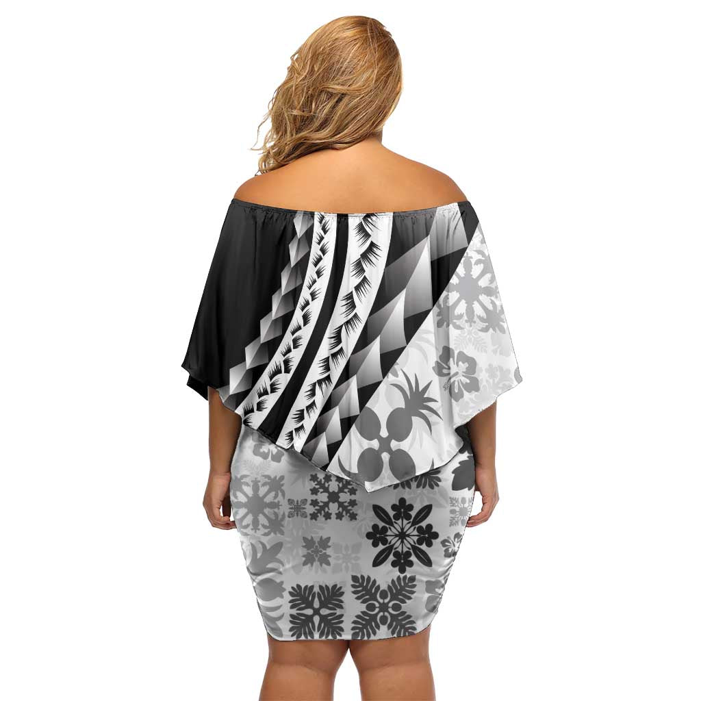Black Hawaiian Quilt Pattern Family Matching Off Shoulder Short Dress and Hawaiian Shirt Mixed Polynesian Tribal Arty LT9 - Polynesian Pride