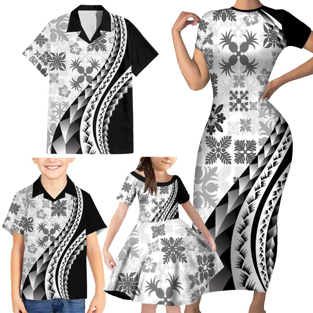 Black Hawaiian Quilt Pattern Family Matching Short Sleeve Bodycon Dress and Hawaiian Shirt Mixed Polynesian Tribal Arty LT9 - Polynesian Pride