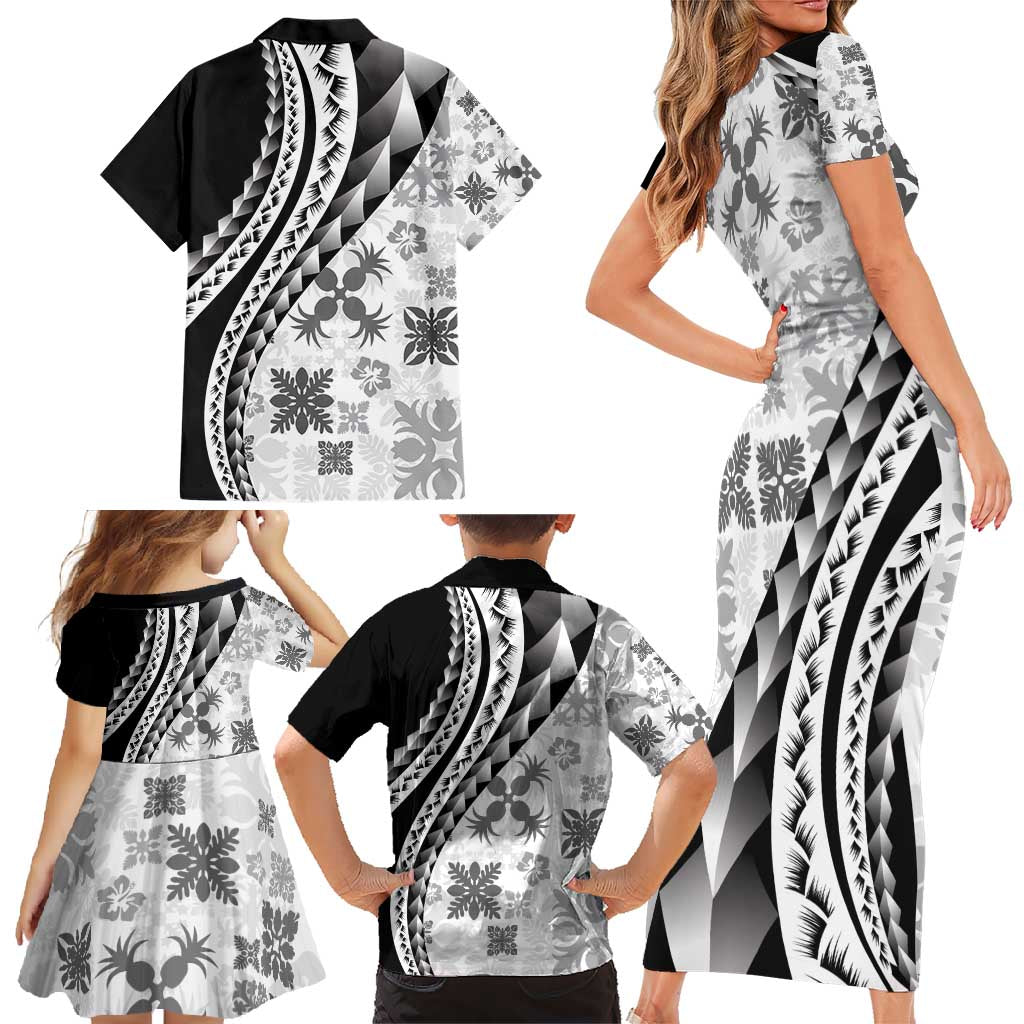 Black Hawaiian Quilt Pattern Family Matching Short Sleeve Bodycon Dress and Hawaiian Shirt Mixed Polynesian Tribal Arty LT9 - Polynesian Pride