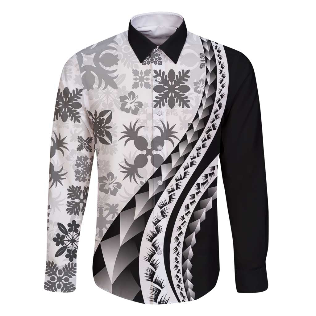 Black Hawaiian Quilt Pattern Family Matching Tank Maxi Dress and Hawaiian Shirt Mixed Polynesian Tribal Arty LT9 Dad's Shirt - Long Sleeve Black - Polynesian Pride
