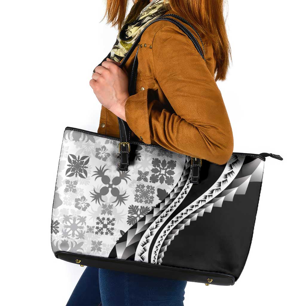 Black Hawaiian Quilt Pattern Leather Tote Bag Mixed Polynesian Tribal Arty LT9 Black - Polynesian Pride