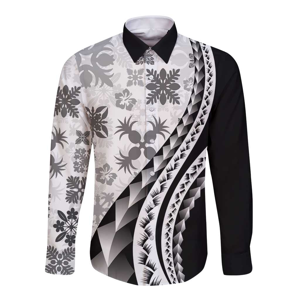 Black Hawaiian Quilt Pattern Long Sleeve Button Shirt Mixed Polynesian Tribal Arty LT9 Unisex Black - Polynesian Pride