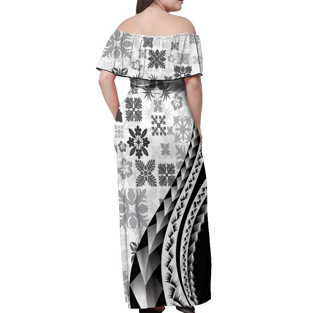 Black Hawaiian Quilt Pattern Off Shoulder Maxi Dress Mixed Polynesian Tribal Arty LT9 - Polynesian Pride