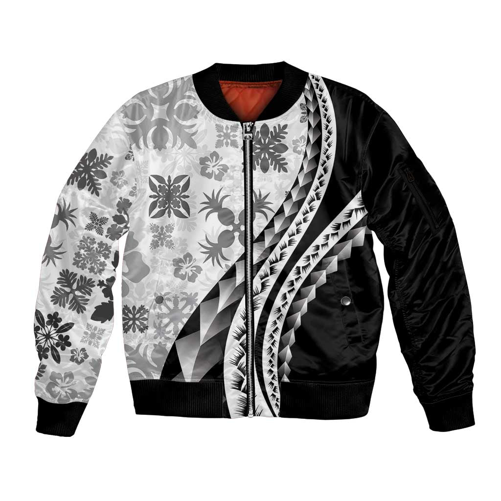 Black Hawaiian Quilt Pattern Sleeve Zip Bomber Jacket Mixed Polynesian Tribal Arty LT9 Unisex Black - Polynesian Pride