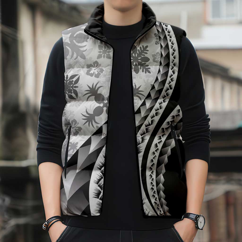 Black Hawaiian Quilt Pattern Sleeveless Puffer Jacket Mixed Polynesian Tribal Arty - Polynesian Pride