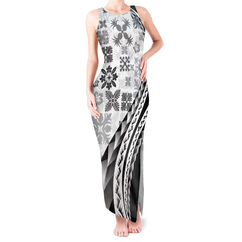 Black Hawaiian Quilt Pattern Tank Maxi Dress Mixed Polynesian Tribal Arty