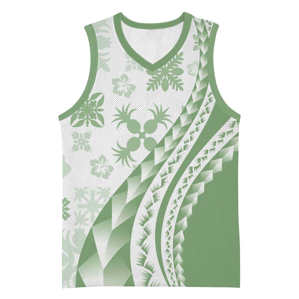 Green Hawaiian Quilt Pattern Basketball Jersey Mixed Polynesian Tribal Arty LT9 Unisex Green - Polynesian Pride