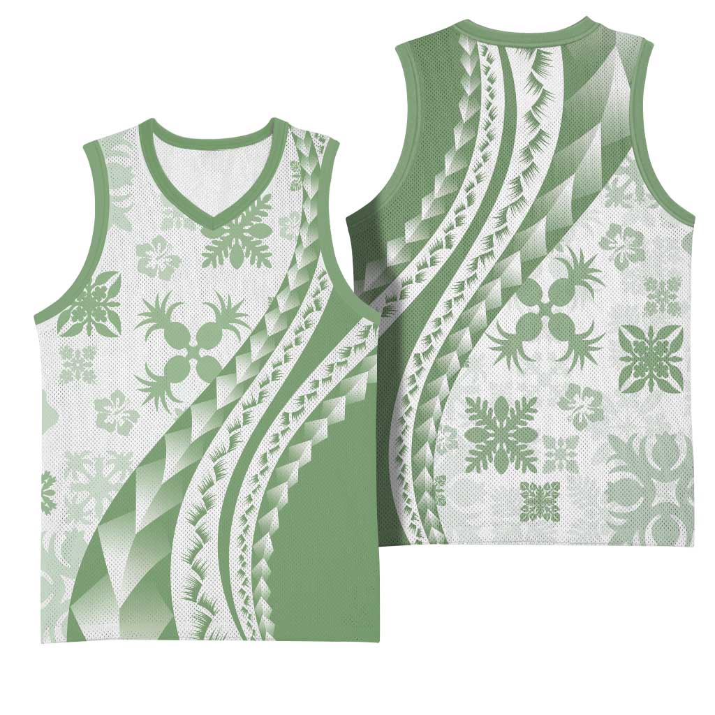 Green Hawaiian Quilt Pattern Basketball Jersey Mixed Polynesian Tribal Arty LT9 - Polynesian Pride