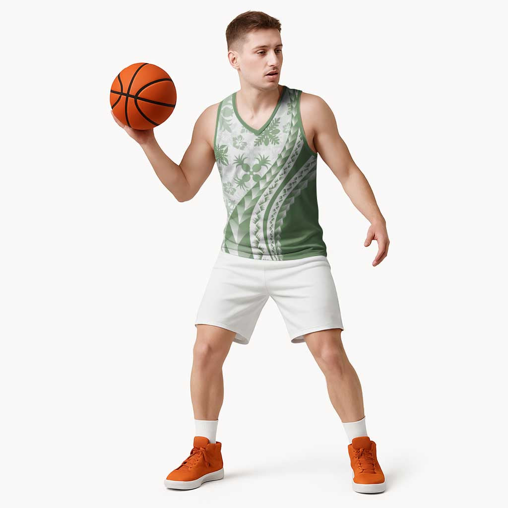 Green Hawaiian Quilt Pattern Basketball Jersey Mixed Polynesian Tribal Arty LT9 - Polynesian Pride