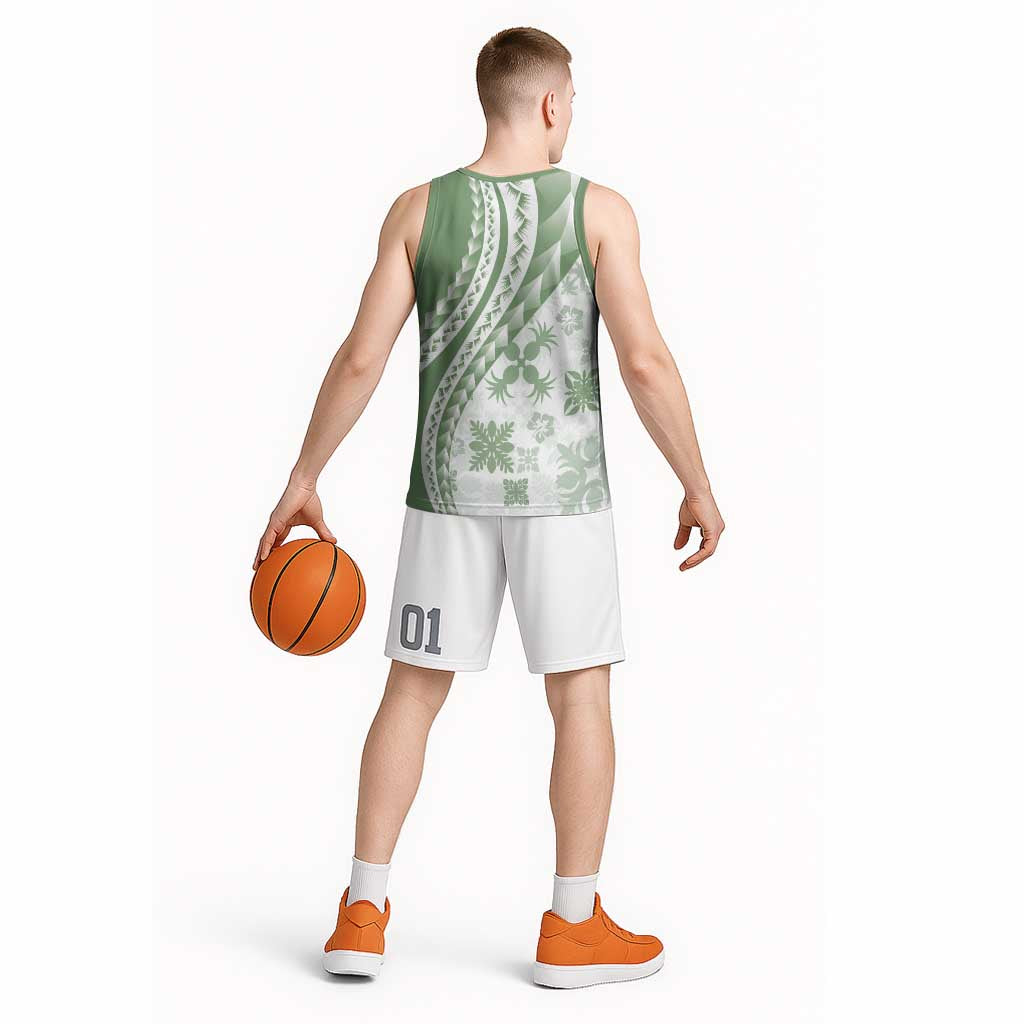 Green Hawaiian Quilt Pattern Basketball Jersey Mixed Polynesian Tribal Arty LT9 - Polynesian Pride