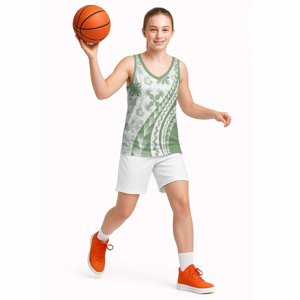 Green Hawaiian Quilt Pattern Basketball Jersey Mixed Polynesian Tribal Arty LT9 - Polynesian Pride
