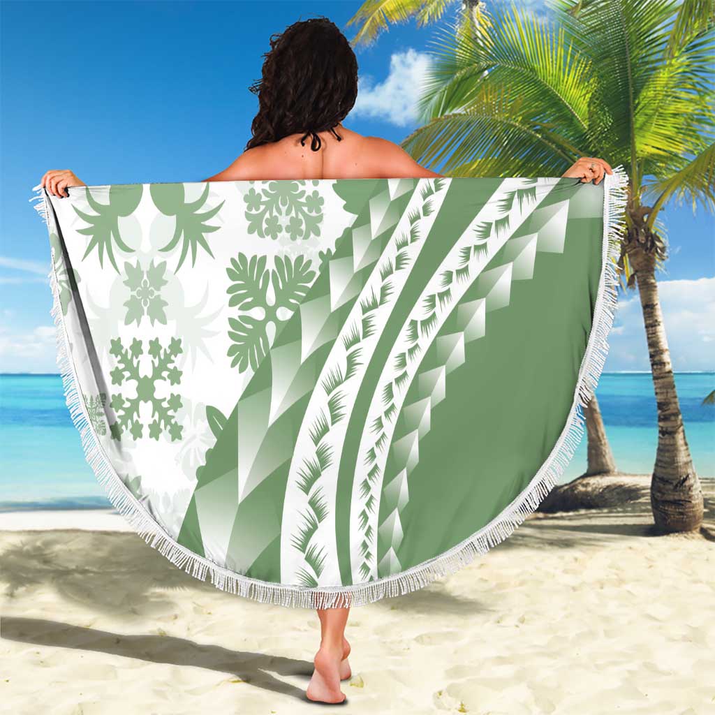 Green Hawaiian Quilt Pattern Beach Blanket Mixed Polynesian Tribal Arty