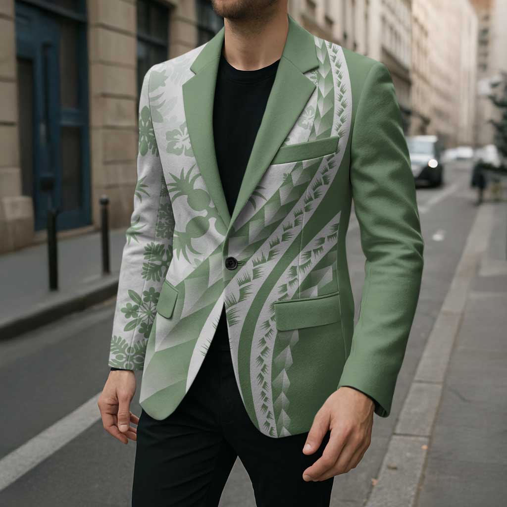 Green Hawaiian Quilt Pattern Blazer Mixed Polynesian Tribal Arty - Polynesian Pride