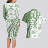 Green Hawaiian Quilt Pattern Couples Matching Long Sleeve Bodycon Dress and Hawaiian Shirt Mixed Polynesian Tribal Arty LT9 - Polynesian Pride