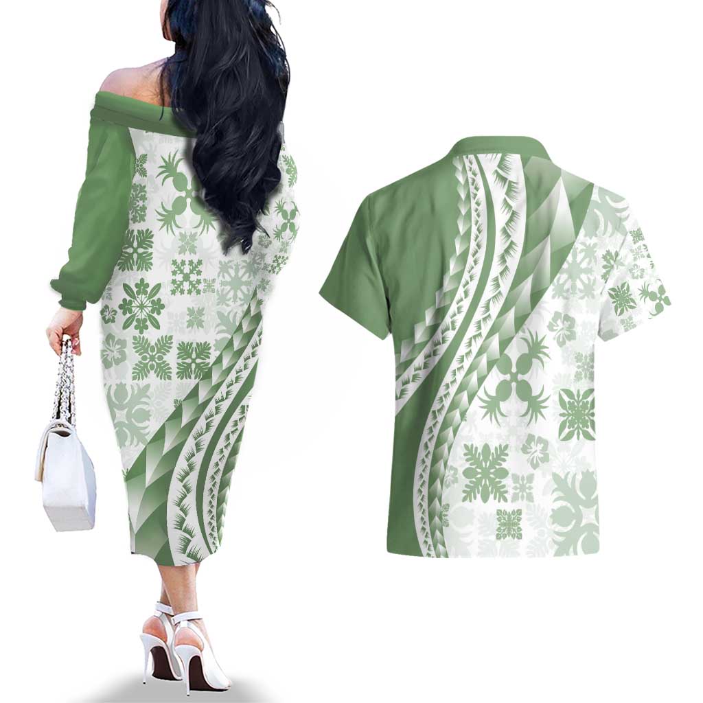 Green Hawaiian Quilt Pattern Couples Matching Off The Shoulder Long Sleeve Dress and Hawaiian Shirt Mixed Polynesian Tribal Arty LT9 - Polynesian Pride