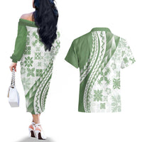 Green Hawaiian Quilt Pattern Couples Matching Off The Shoulder Long Sleeve Dress and Hawaiian Shirt Mixed Polynesian Tribal Arty LT9 - Polynesian Pride
