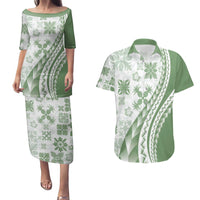 Green Hawaiian Quilt Pattern Couples Matching Puletasi and Hawaiian Shirt Mixed Polynesian Tribal Arty LT9 Green - Polynesian Pride