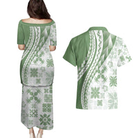 Green Hawaiian Quilt Pattern Couples Matching Puletasi and Hawaiian Shirt Mixed Polynesian Tribal Arty LT9 - Polynesian Pride