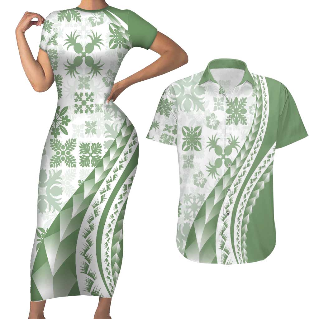 Green Hawaiian Quilt Pattern Couples Matching Short Sleeve Bodycon Dress and Hawaiian Shirt Mixed Polynesian Tribal Arty LT9 Green - Polynesian Pride