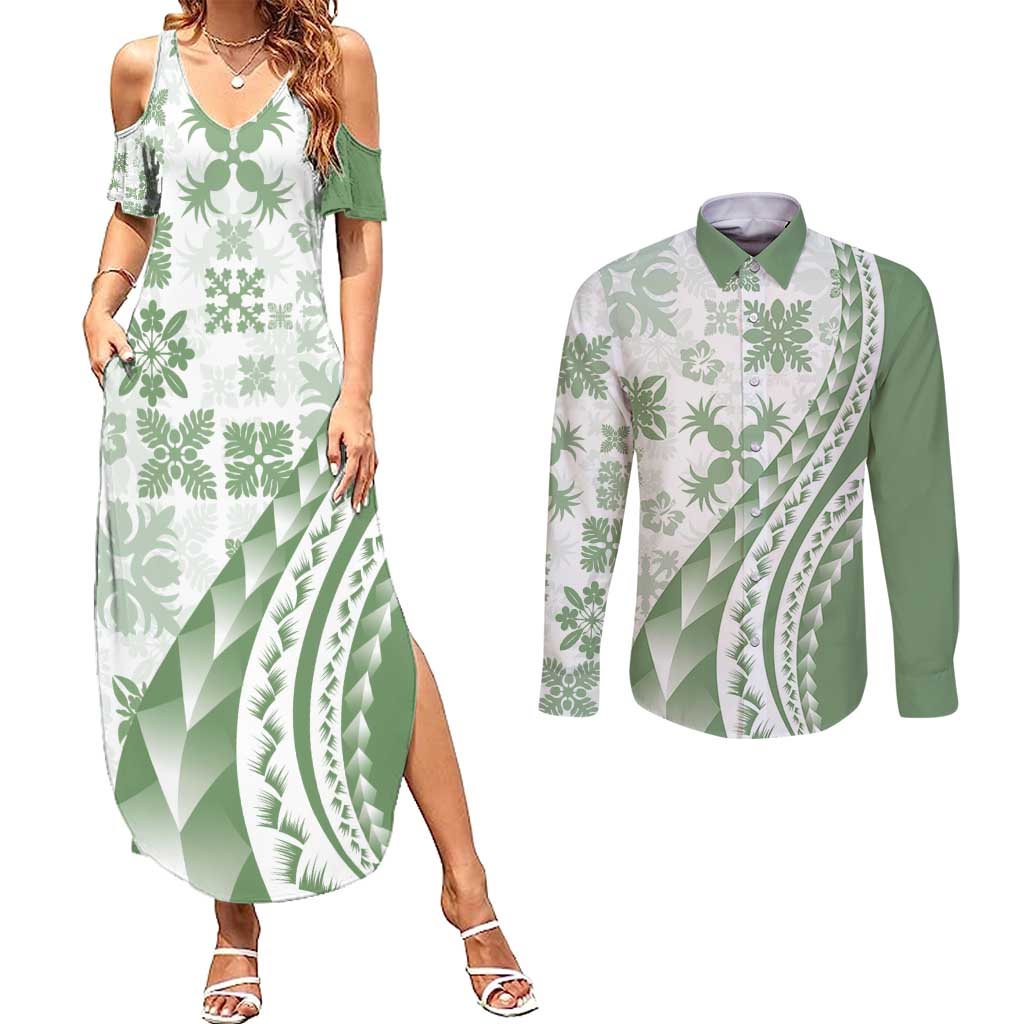 Green Hawaiian Quilt Pattern Couples Matching Summer Maxi Dress and Long Sleeve Button Shirt Mixed Polynesian Tribal Arty