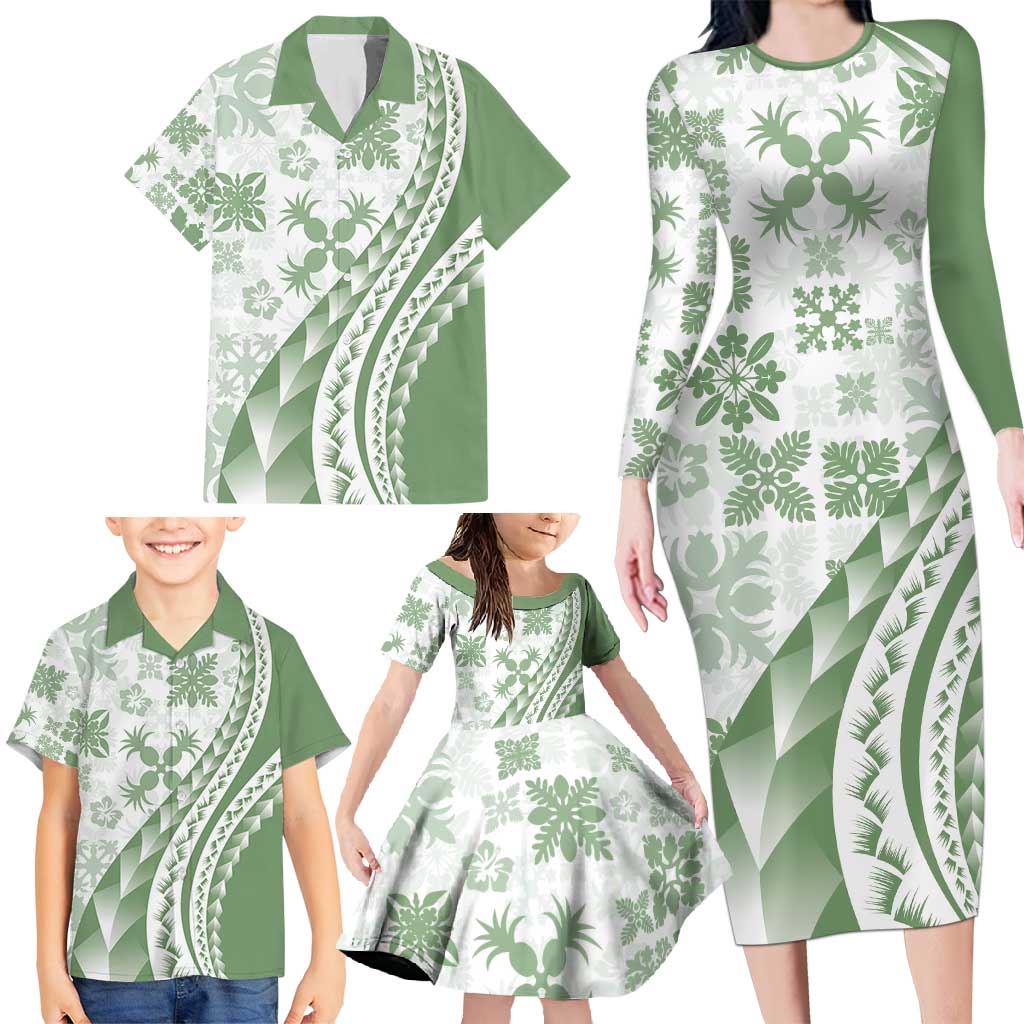 Green Hawaiian Quilt Pattern Family Matching Long Sleeve Bodycon Dress and Hawaiian Shirt Mixed Polynesian Tribal Arty LT9 - Polynesian Pride