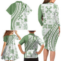 Green Hawaiian Quilt Pattern Family Matching Long Sleeve Bodycon Dress and Hawaiian Shirt Mixed Polynesian Tribal Arty LT9 - Polynesian Pride