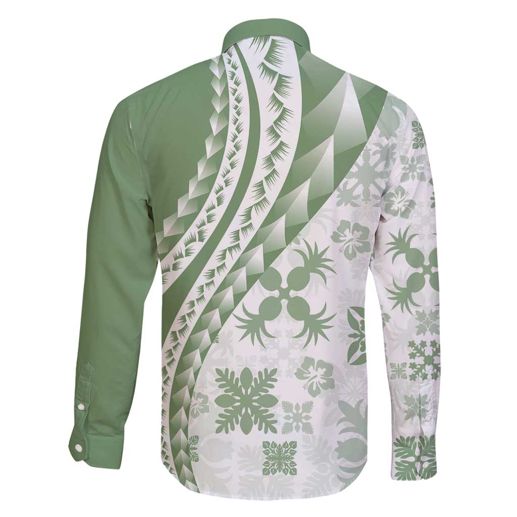 Green Hawaiian Quilt Pattern Family Matching Long Sleeve Bodycon Dress and Hawaiian Shirt Mixed Polynesian Tribal Arty LT9 - Polynesian Pride