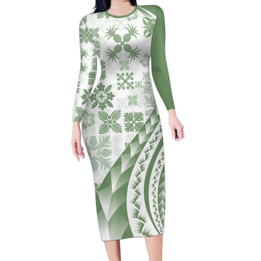 Green Hawaiian Quilt Pattern Family Matching Long Sleeve Bodycon Dress and Hawaiian Shirt Mixed Polynesian Tribal Arty LT9 Mom's Dress Green - Polynesian Pride