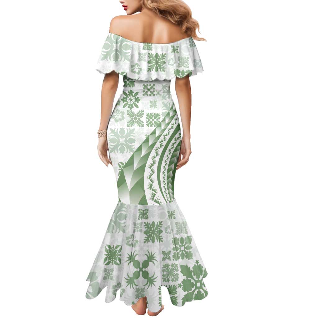 Green Hawaiian Quilt Pattern Family Matching Mermaid Dress and Hawaiian Shirt Mixed Polynesian Tribal Arty LT9 - Polynesian Pride