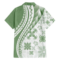 Green Hawaiian Quilt Pattern Family Matching Off The Shoulder Long Sleeve Dress and Hawaiian Shirt Mixed Polynesian Tribal Arty LT9 - Polynesian Pride