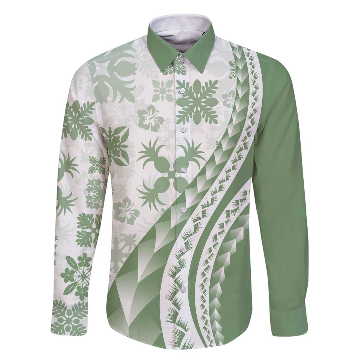 Green Hawaiian Quilt Pattern Family Matching Off The Shoulder Long Sleeve Dress and Hawaiian Shirt Mixed Polynesian Tribal Arty LT9 Dad's Shirt - Long Sleeve Green - Polynesian Pride