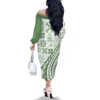 Green Hawaiian Quilt Pattern Family Matching Off The Shoulder Long Sleeve Dress and Hawaiian Shirt Mixed Polynesian Tribal Arty LT9 - Polynesian Pride