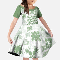 Green Hawaiian Quilt Pattern Family Matching Off Shoulder Maxi Dress and Hawaiian Shirt Mixed Polynesian Tribal Arty LT9 Daughter's Dress Green - Polynesian Pride