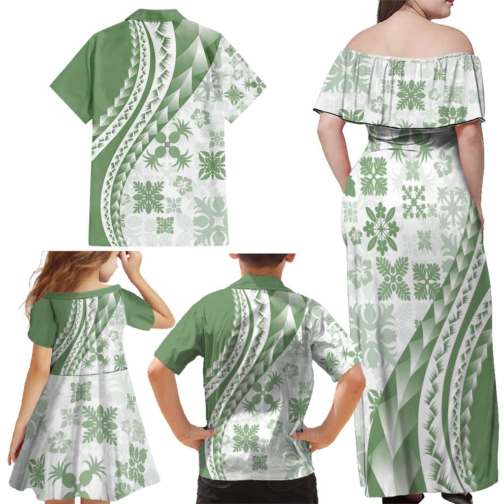 Green Hawaiian Quilt Pattern Family Matching Off Shoulder Maxi Dress and Hawaiian Shirt Mixed Polynesian Tribal Arty LT9 - Polynesian Pride