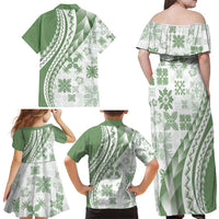 Green Hawaiian Quilt Pattern Family Matching Off Shoulder Maxi Dress and Hawaiian Shirt Mixed Polynesian Tribal Arty LT9 - Polynesian Pride