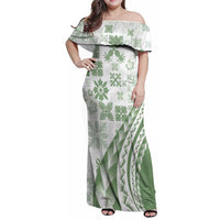 Green Hawaiian Quilt Pattern Family Matching Off Shoulder Maxi Dress and Hawaiian Shirt Mixed Polynesian Tribal Arty LT9 Mom's Dress Green - Polynesian Pride