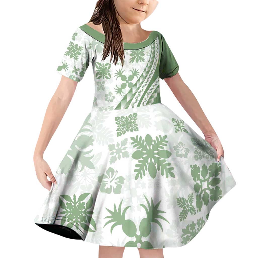 Green Hawaiian Quilt Pattern Family Matching Off Shoulder Short Dress and Hawaiian Shirt Mixed Polynesian Tribal Arty LT9 Daughter's Dress Green - Polynesian Pride