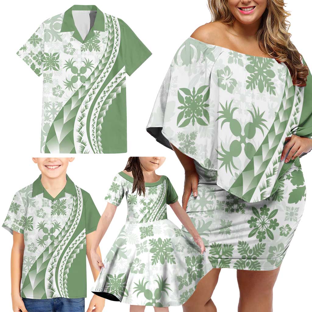 Green Hawaiian Quilt Pattern Family Matching Off Shoulder Short Dress and Hawaiian Shirt Mixed Polynesian Tribal Arty LT9 - Polynesian Pride