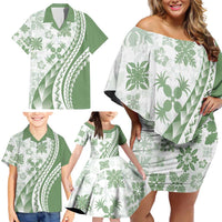 Green Hawaiian Quilt Pattern Family Matching Off Shoulder Short Dress and Hawaiian Shirt Mixed Polynesian Tribal Arty LT9 - Polynesian Pride