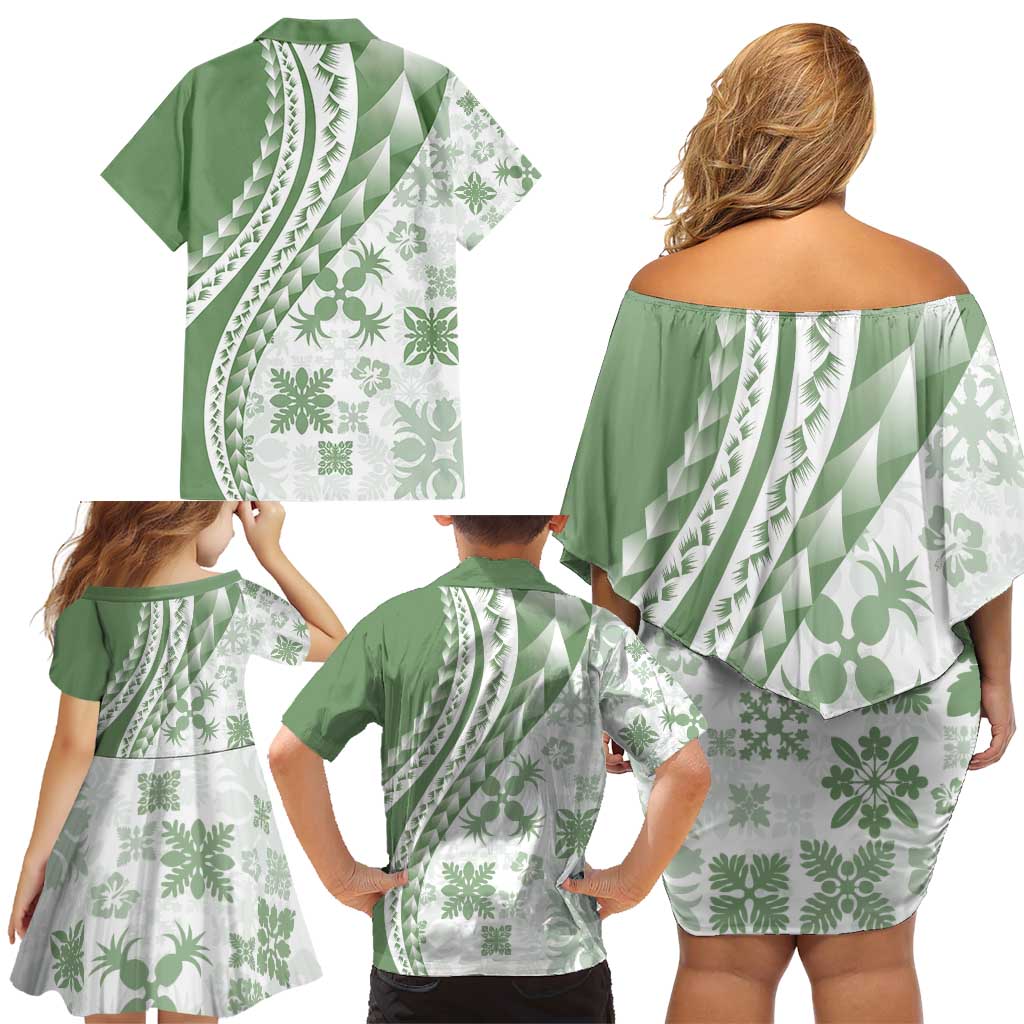 Green Hawaiian Quilt Pattern Family Matching Off Shoulder Short Dress and Hawaiian Shirt Mixed Polynesian Tribal Arty LT9 - Polynesian Pride