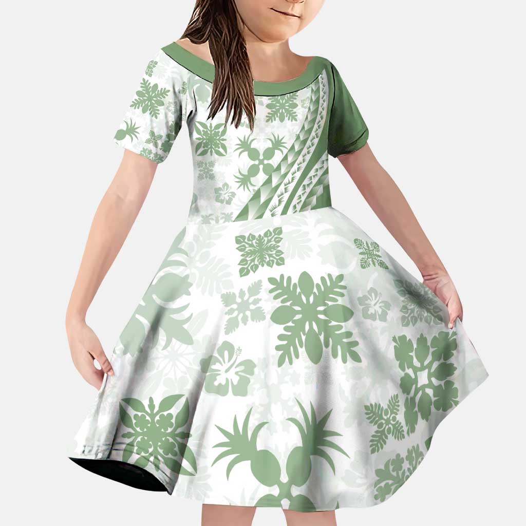 Green Hawaiian Quilt Pattern Family Matching Puletasi and Hawaiian Shirt Mixed Polynesian Tribal Arty LT9 Daughter's Dress Green - Polynesian Pride