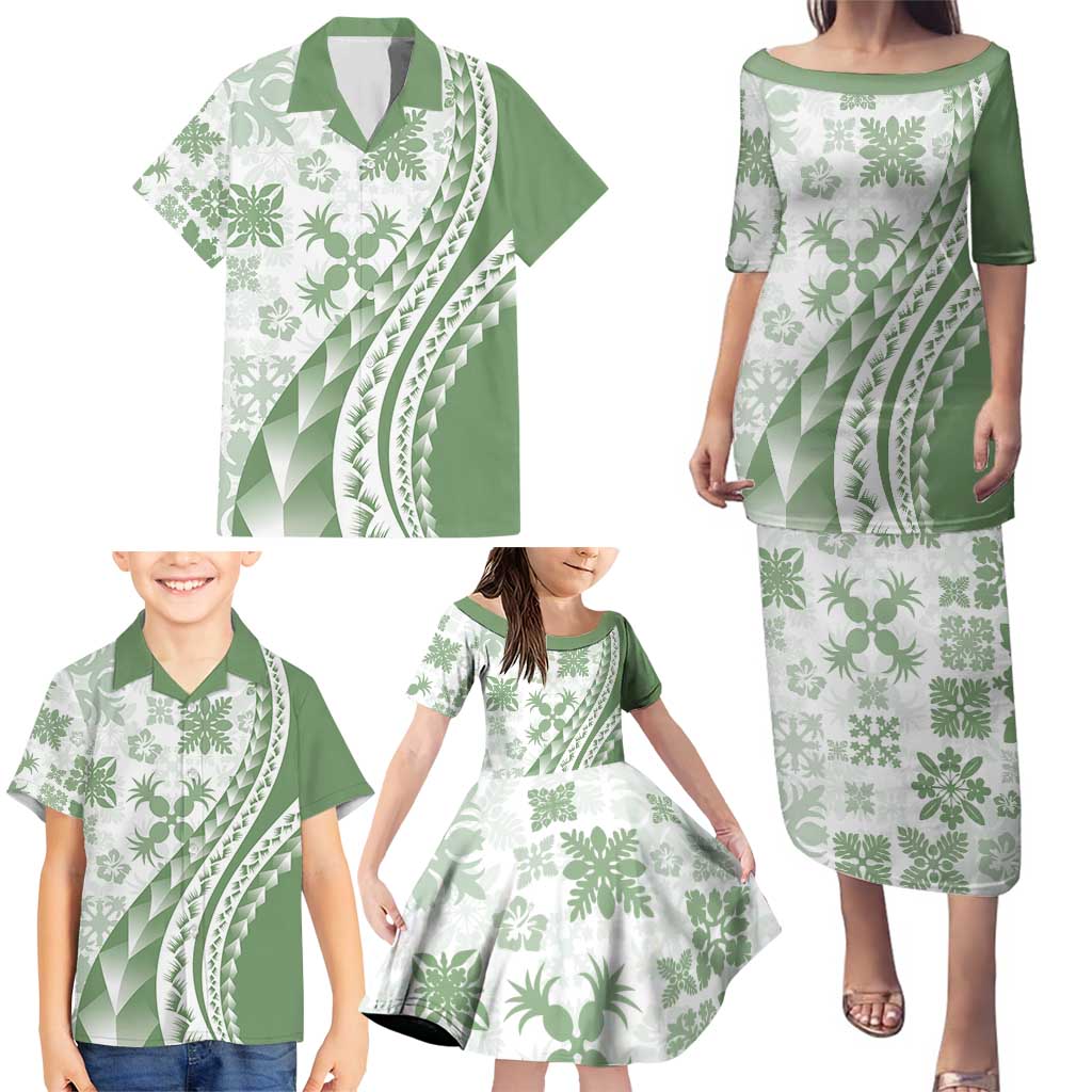 Green Hawaiian Quilt Pattern Family Matching Puletasi and Hawaiian Shirt Mixed Polynesian Tribal Arty LT9 - Polynesian Pride