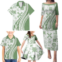 Green Hawaiian Quilt Pattern Family Matching Puletasi and Hawaiian Shirt Mixed Polynesian Tribal Arty LT9 - Polynesian Pride