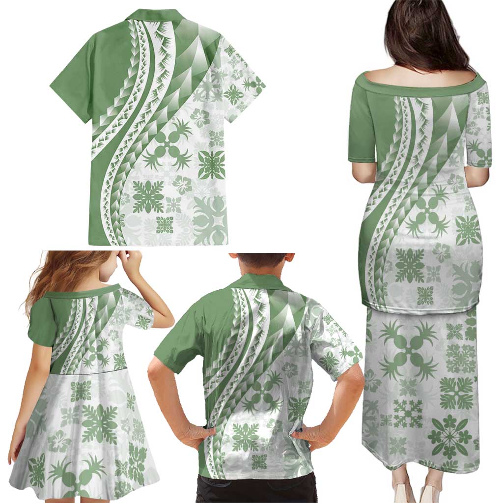 Green Hawaiian Quilt Pattern Family Matching Puletasi and Hawaiian Shirt Mixed Polynesian Tribal Arty LT9 - Polynesian Pride