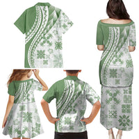 Green Hawaiian Quilt Pattern Family Matching Puletasi and Hawaiian Shirt Mixed Polynesian Tribal Arty LT9 - Polynesian Pride