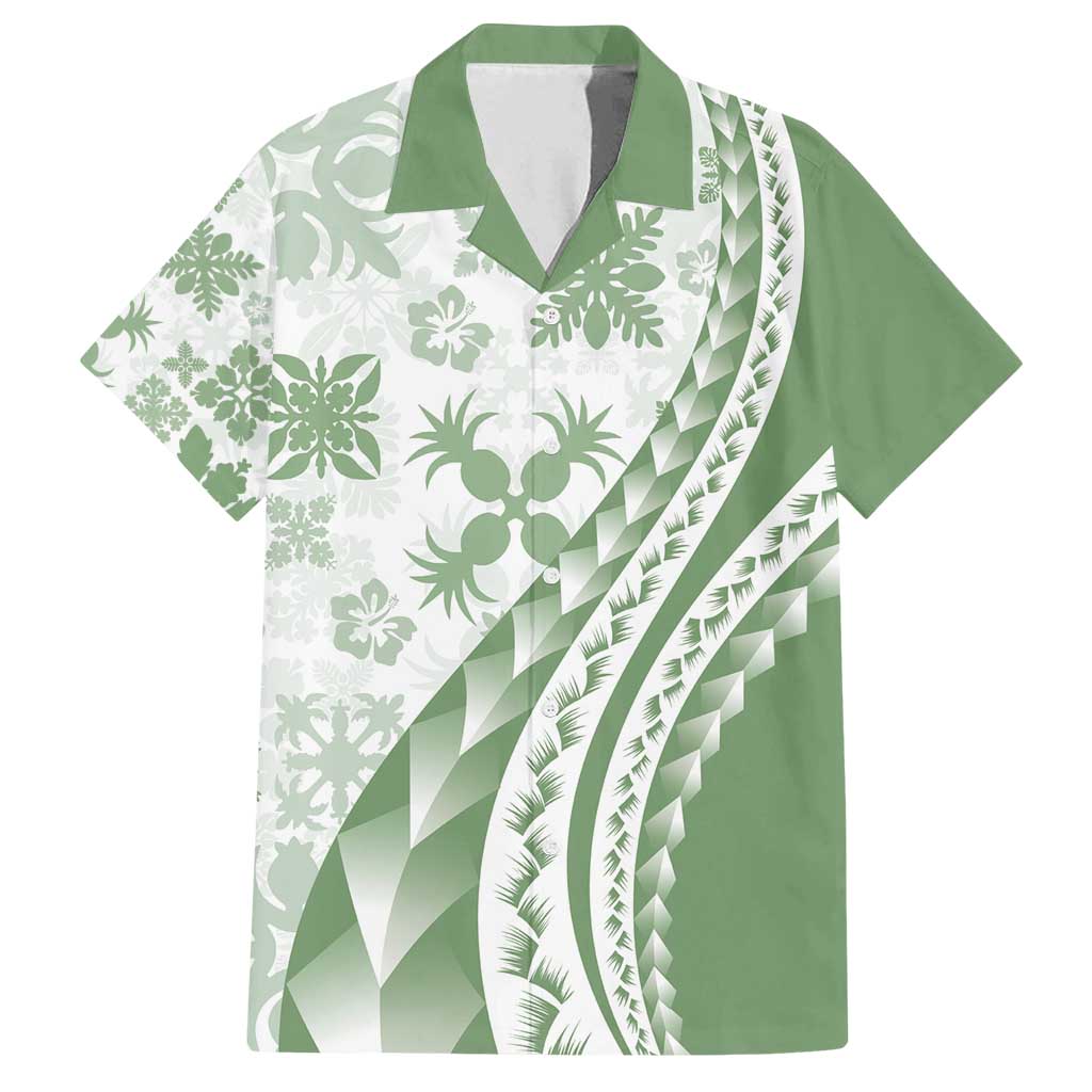 Green Hawaiian Quilt Pattern Family Matching Puletasi and Hawaiian Shirt Mixed Polynesian Tribal Arty LT9 Dad's Shirt - Short Sleeve Green - Polynesian Pride