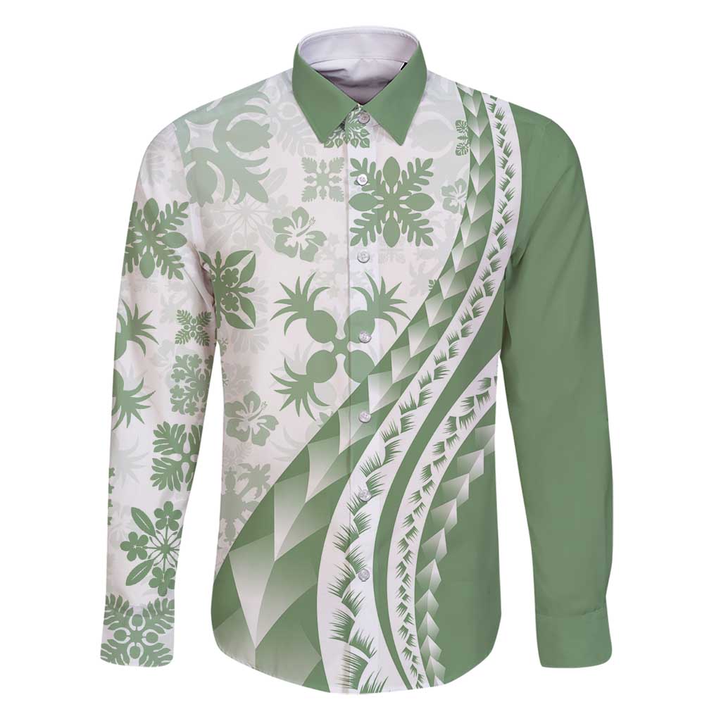 Green Hawaiian Quilt Pattern Family Matching Puletasi and Hawaiian Shirt Mixed Polynesian Tribal Arty LT9 Dad's Shirt - Long Sleeve Green - Polynesian Pride