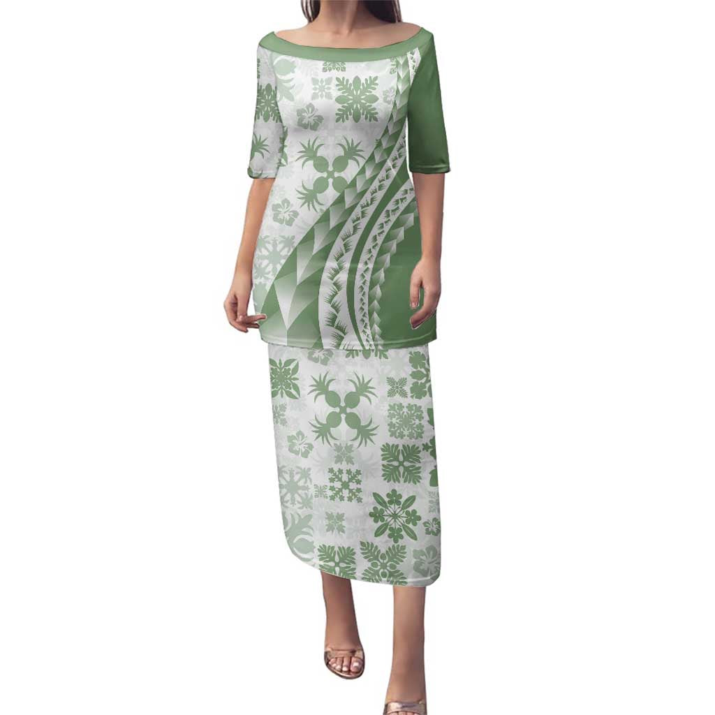 Green Hawaiian Quilt Pattern Family Matching Puletasi and Hawaiian Shirt Mixed Polynesian Tribal Arty LT9 Mom's Dress Green - Polynesian Pride